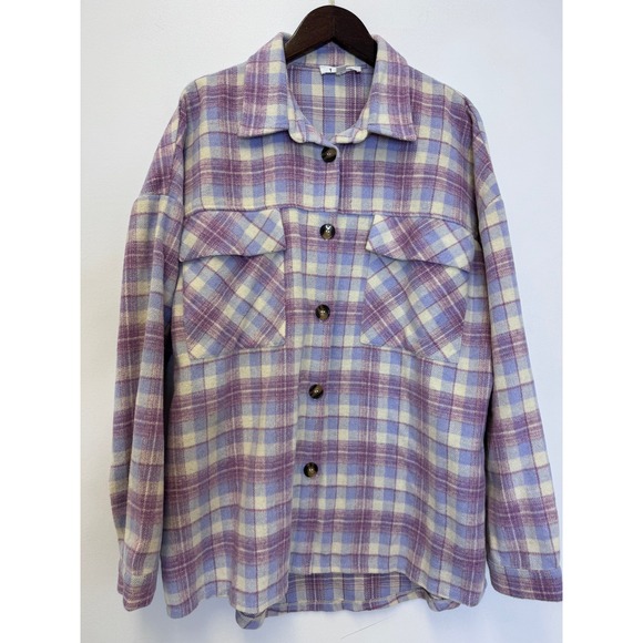 THML Jackets & Blazers - THML Womens Purple Plaid Flannel Shacket Oversized Button Down Shirt Jacket L